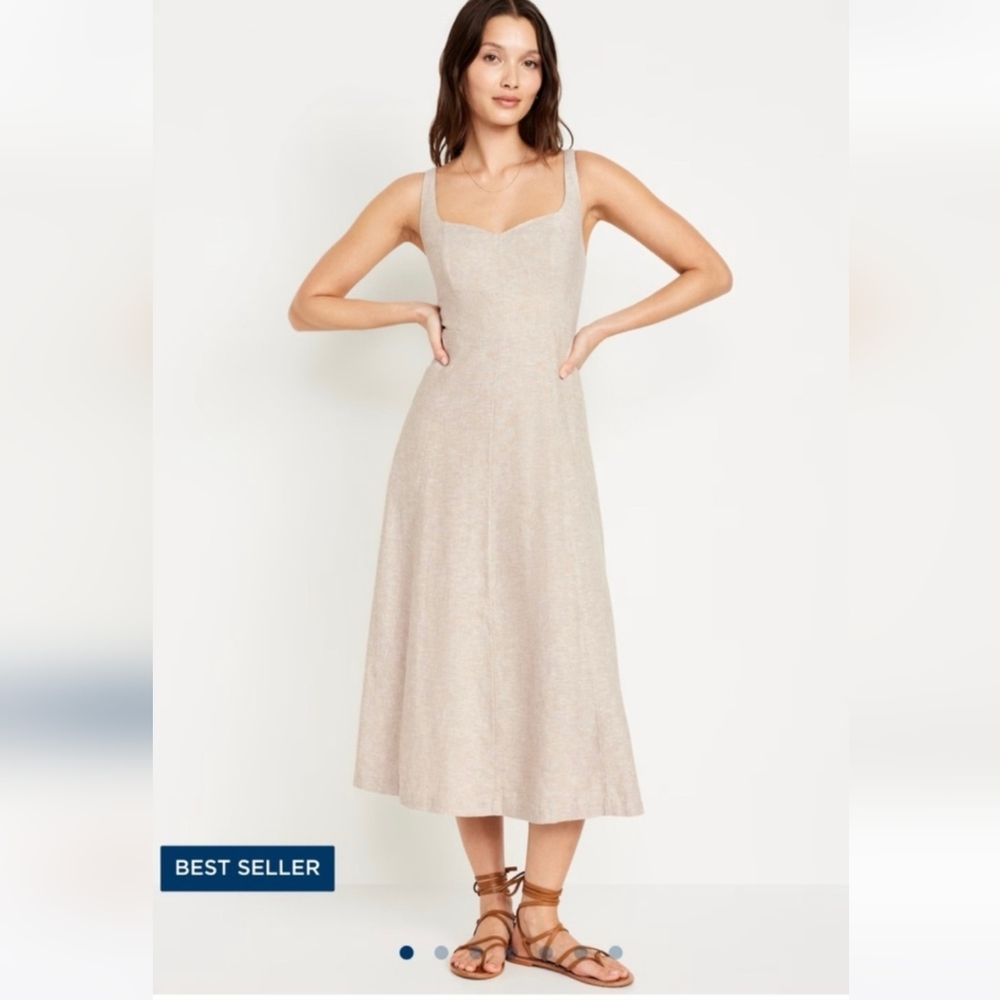 Old Navy Fit & Flare Cream Linen Midi Dress Sweetheart Neck Sleeveless
